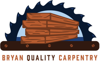Bryan Quality Carpentry logo with stack of lumber and saw background